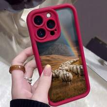 Cubierta de telefono con borde negro y diseño de ovejas en campo con arco iris para uso diario - Café integral - Ver 4