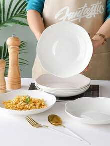 4 件 8 英寸波浪边陶瓷沙拉盘，纯白色简约风格，适合家庭用餐，易于清洁和堆叠 - 白色 - 查看 10