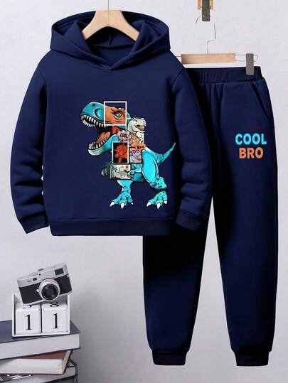 Tween Boy Cartoon Print Warm Hoodie And Sweatpants Set