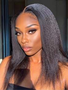 Glueless Wig Kinky Straight Blend Hair Lace Front Wigs 13x4 Transparent Lace Pre Cut Pre Plucked Invisible Knots Wear And Go Yaki Straight Wig For Women 180% Density Christmas Gifts All Season (Bob Wigs 8-16inch Long Wigs 18-36 Inchs) - Natural & Black - View 6