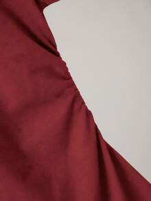 女士休闲修身蝴蝶印花连衣裙，简约纯色褶裥圆领短袖，优雅夏季款 - 紅色 - 查看 3