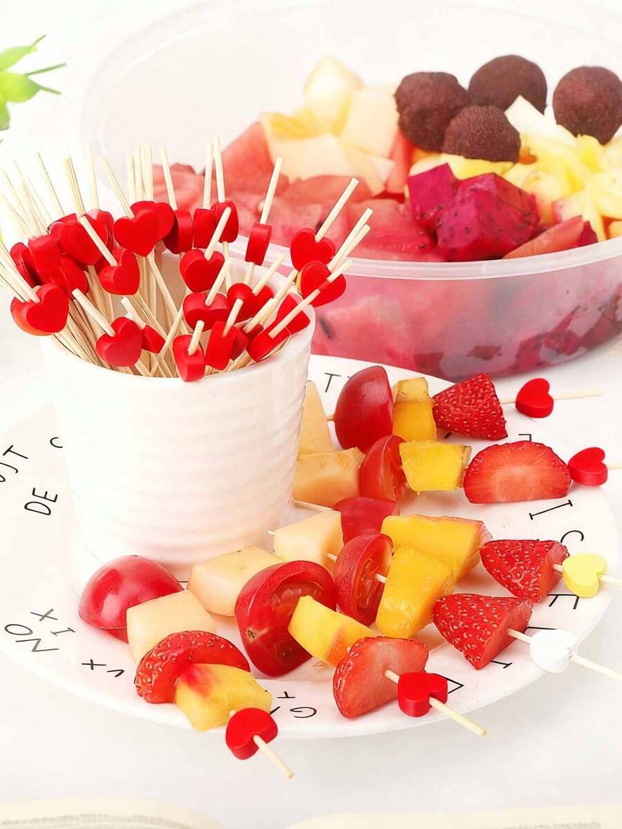 100pcs Heart-Shaped Bamboo Cocktail Picks, Natural Bamboo Toothpicks, Suitable For Valentine's Day Party Appetizers, Fruit, Cakes, Desserts, BBQ Snacks, Sandwiches