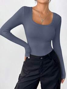PRETTYGARDEN Women Spring And Fall Long Sleeve Shirts Clothes Cute Going Out Tops Ribbed Tight Fitted Plain Basic Tee Tshirts Vacation Outfits For Women - 深灰藍 - 查看 2