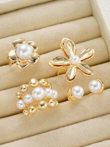 4pcs Elegant Vintage Coin Flower Shaped Pearl Decor Ring Set For Women, Suitable For Vacation, Party, Wedding, Birthday, Daily Wear (No Box) - Yellow Gold - View 4