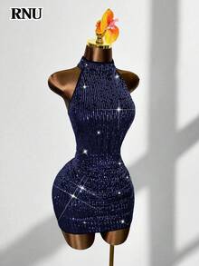 RNU Đầm ôm sát hở lưng màu xanh hải quân đính sequin, lãng mạn, gợi cảm, không tay, thích hợp cho hẹn hò, tiệc tùng, hộp đêm, dạo phố, lễ hội, Ngày Valentine, Năm mới, sinh nhật, Xuân/Hè/Thu/Đông, trang phục nữ mùa thu, khách dự đám cưới, váy ngắn nữ mới. - Màu xanh hải quân - Xem 3