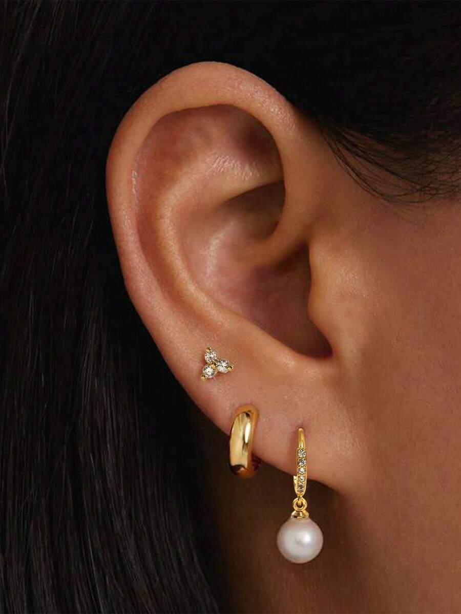 Bộ 3 bông tai nữ sang trọng tối giản thanh lịch, đính đá Cubic Zirconia khảm đồng và ngọc trai giả - Vàng - Xem 1