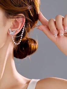 Nooxian Bộ 2 khuyên tai hình bướm (số lượng ngọc trai ngẫu nhiên) - Bạc - Xem 7