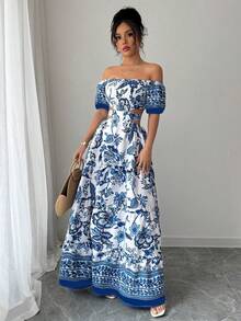 Women's Dresses, Printed Maxi Dress With Off-The-Shoulder And Waist Detail, Retro Resort-Style Dress With A Fitted Waist, Boho-Style Maxi Dress That Slims The Silhouette. - 查看 8