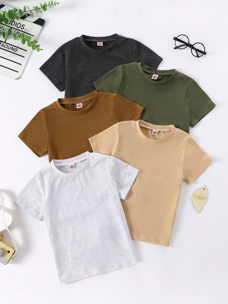 5pcs/Set Kaos Lengan Pendek Polos Kasual Anak Laki-laki, Musim Panas - MultiWarna - View 1
