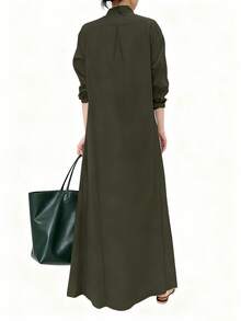 大码女式纯色长袖简约休闲长款衬衫裙