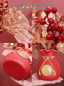 1件人造风水柑橘盆栽，客厅家居装饰，新年庆祝，婚礼乔迁，招财植物摆件 - 紅色 - 查看 5