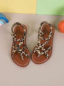 1 Pair Girls Leopard Print PU Non-Slip Round Toe Flat Casual Cute Princess Sandals, Suitable For Summer