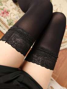 1 Pair Women's Thigh High Socks With Lace Trim, Slim Fit Velvet Knee High Stockings, JK Style Thigh Highs/Leg Warmers - 黑色 - 查看 3