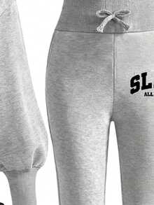 Tween Girl Letter Graphic Hoodie Sweatshirt And Flare Pants Set - Grey - View 5