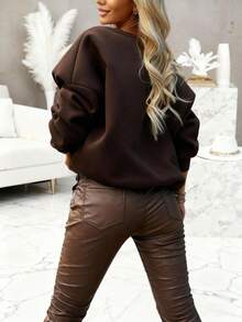 Damen Thermisch gefütterte Hose mit hoher Taille aus Kunstleder mit Kordelzug, lässige plissierte Taschen Slim Fit warme Kunstleder Leggings - Schokoladenbraun - Übersicht 4