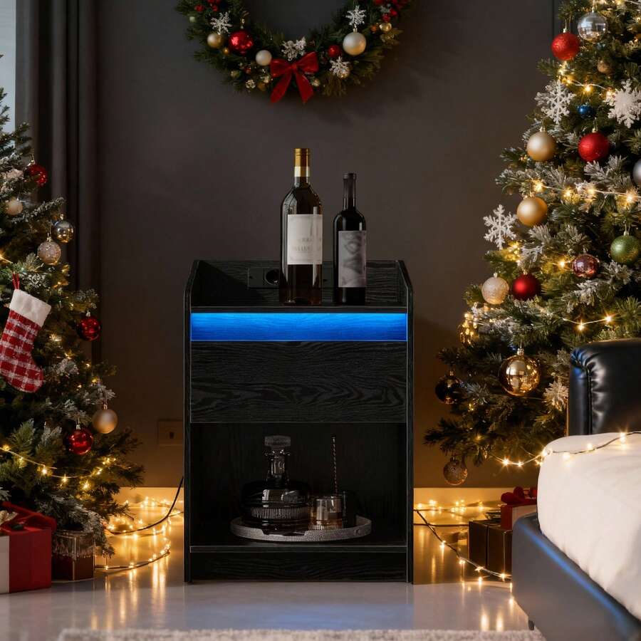 Hzuaneri Bedside Table With LED Light, Side Table With Charging Station, 1 Storage Drawer Bedside Table For Bedroom, Living Room, 2 USB Ports, 2 Sockets, Open Compartment - 黑色 - 查看 1