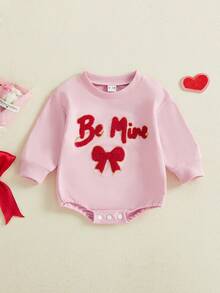 Mono de San Valentín para niña, manga larga, cuello redondo, bordado con letras, conjunto de primavera - Rosa - Ver 4