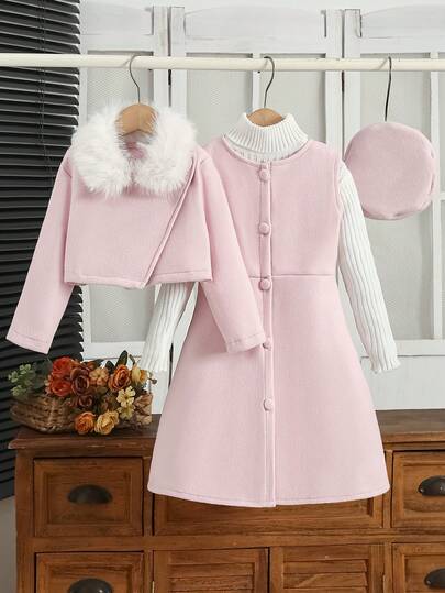 3pcs/Set Pink Ice Cream Print Dress + Shirt Collar Jacket + Hat For 4-7 Years Old Girls, Comfortable Sporty Style For Autumn; 3pcs/Set Ice Cream Pink Long Sleeve Jacket + Dress + Hat For Girls, Casual Outfit For Spring, Summer, Autumn; Ice Cream Pink Cape Shirt Collar Jacket + Girls Winter Dress + Ice Cream Pink Children Hat, Suitable For Daily Wear, School, Outdoor, Gift For Girls, Eid Mubarak Outfit