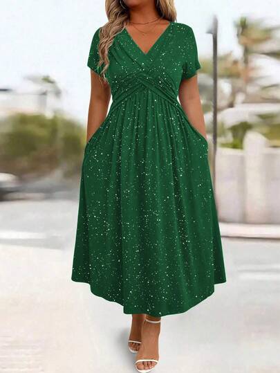 Plus Size Women's Sparkly Criss-Cross Pocket Twist Knot Dress, New Spring/Summer Fashion Export To Europe & US