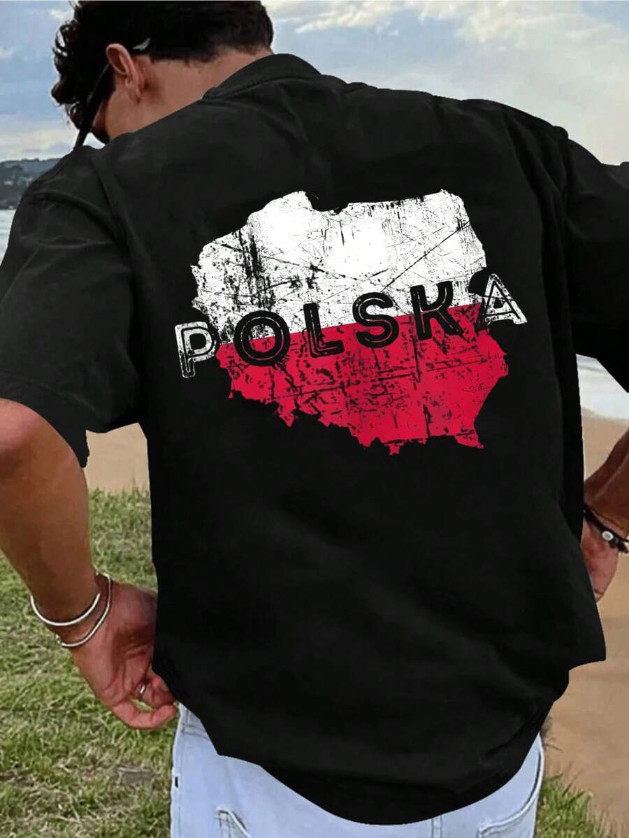 Men'S Polska Graphic T-Shirt - Black With Red & White Polish Map Design - Casual Crew Neck, Short Sleeve, Breathable Cotton - Perfect For Casual Attire, Polish T Shirts - Black - View 1