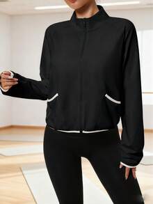 女士立领运动夹克，带口袋，休闲拉链外套，适合日常穿着、跑步、健身、瑜伽，黑色春季款 - 黑色 - 查看 4