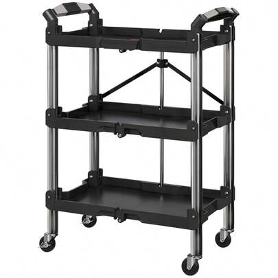 HOMCOM Rolling Workshop Trolley With 3 Shelves, Folding Tool Cart With Handle, Assembly Trolley For Warehouse, Garage, Load Capacity Up To 68 Kg, Black