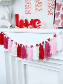 1pc Boho Style Valentine'S Day Heart Garland - Red, Pink, White Fabric Tassel Banner, Romantic Wall Hanging Decor, Multipurpose No-Electricity Festive Ornament For Home Atmosphere, Ideal Gift For Valentine'S Day