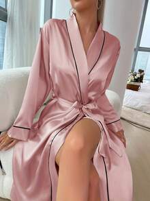 Áo choàng tắm/áo ngủ dài tay bằng lụa giả thanh lịch dành cho nữ, đồ mặc nhà sang trọng, chi tiết thoải mái và thanh lịch cho mùa thu, có kèm thắt lưng, phù hợp mặc vào mùa thu và mùa đông, cũng phù hợp làm phù dâu, đồ mặc nhà, mọi mùa. - Nhiều màu - Xem 2