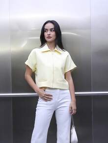 女士短款夹克，短袖飞行员夹克，黑/白/棕色拉链夹克，春/夏/秋季 - 黃色 - 查看 2