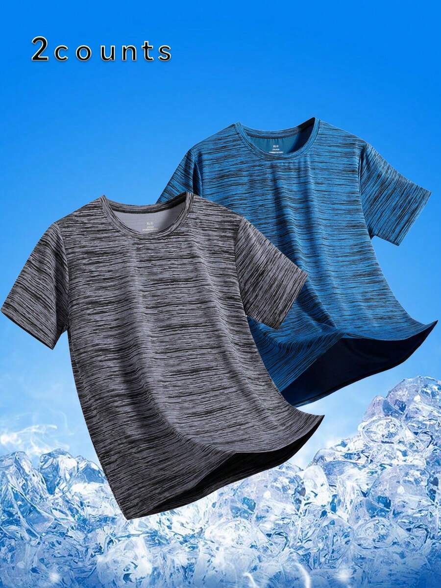 两件男士短袖上衣，采用时尚迷彩图案、圆领、针织面料和修身剪裁。运动风格设计，适合休闲穿着、街头服饰、户外活动、派对和运动场合——短袖。 - 彩色 - 查看 1