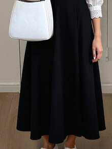 Livesso Women's High Waist A-Line Long Casual Elegant Skirt - Black - View 3
