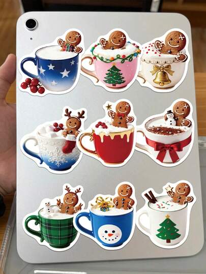 50pcs Coffee Gingerbread Man Stickers For Decorating Phone Cases, Journals, Computers, Greeting Cards, Envelopes, Stationery, Skateboards, Guitars, Christmas Gifts