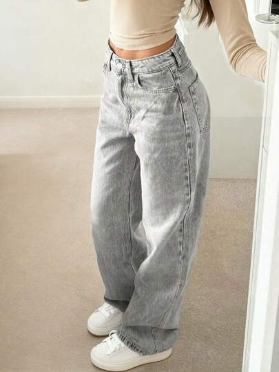 NVFelix Jeans rectos y holgados para mujer, con acabado desgastado, estilo casual vintage Y2K para streetwear, adecuados para el invierno, color gris. Acción de Gracias, Año Nuevo