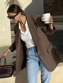 Livesso Women's Solid Color Turndown Collar Long Sleeve Casual Business Blazer,Fall Clothes - Coffee Brown - View 4