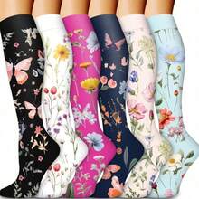6 Pairs Of Vibrant Floral Pressure Socks - Suitable For Running, Hiking, Sports, Cycling And Exercise, Breathable Polyester Fabric, Flower Patterns, Ideal For Enhanced Blood Circulation, Running Accessories | Floral Pressure Socks | Texture - 6件 - 查看 6
