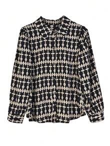 YUXIN 女士春夏复古几何印花衬衫，翻领长袖，日常通勤/轻度社交场合，透气修身时尚休闲上衣，黑色 - 黑色 - 查看 11