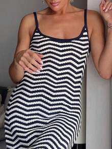 Frühling/Sommer Neu Schwarz & Weiß gestreiftes Kontrast-Farbstrick-Trägerkleid, figurbetontes, sexy rückenfreies, boho Musik-Festival-Urlaubs-leichtes Strickkleid, Neujahr - Schwarz und Weiss - Übersicht 4