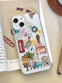 1pc Minimalist Transparent Anti-Fall Full Screen Protective Phone Case With Travel Element, Girl Icon Pattern, Compatible With Apple 16 Pro Max, 15, 14 Plus, 13, 12, 11 - Multicolor - View 3