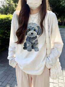 Petite 女士休闲圆领棉质长袖印花 T 恤，百搭秋冬装 - 淺花灰 - 查看 1