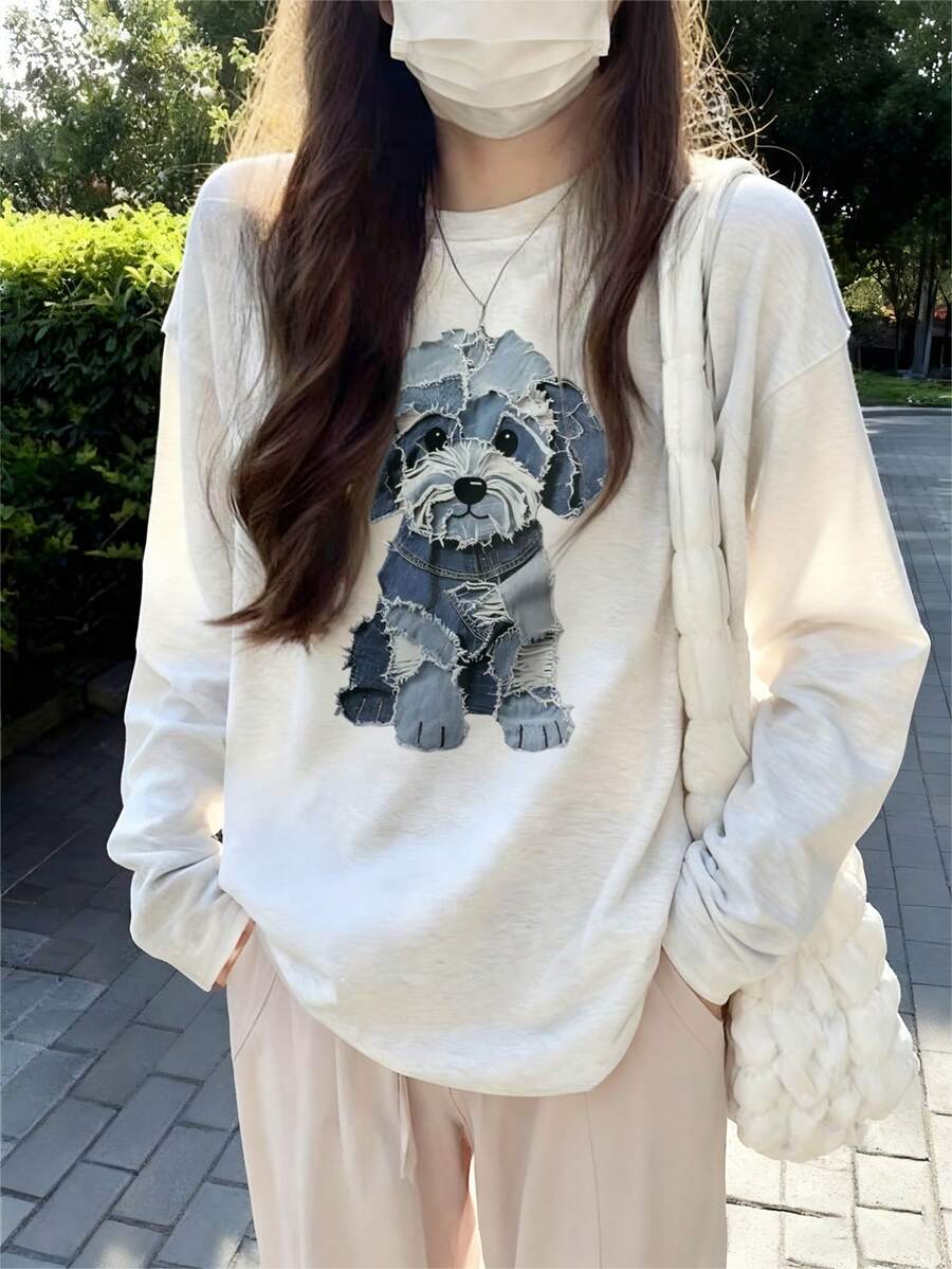 Petite 女士休闲圆领棉质长袖印花 T 恤，百搭秋冬装 - 淺花灰 - 查看 1