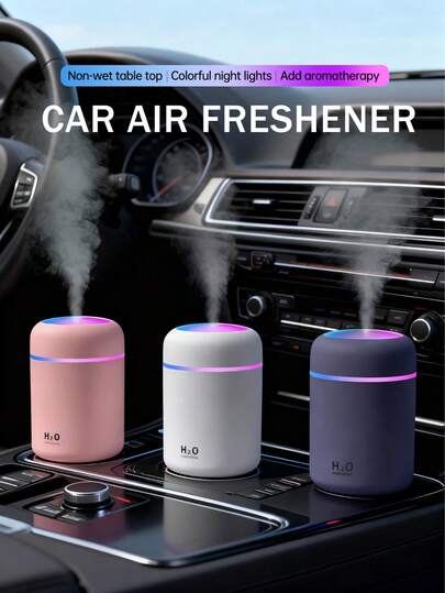 一个300毫升车载空气清新剂，室内香氛加湿器，USB供电，两种工作模式，7色LED灯，缺水智能关机，静音喷雾，方便的精油扩散器，非常适合房间装饰、办公室、客厅、汽车使用，也是送给女性的精美礼物。