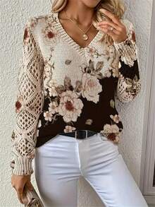 优雅印花V领长袖毛衣，百搭波西米亚风上衣，适合春、夏、秋、冬四季穿着，时尚针织套头衫，适合办公室、街头、居家、旅行等各种场合。黑色度假风 - 黑色 - 查看 5