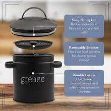 AuldHome Design Enamelware Grease Container W_Strainer (Black), Farmhouse Style Kitchen StorageTin, Labeled Grease - ColorB - 查看 3