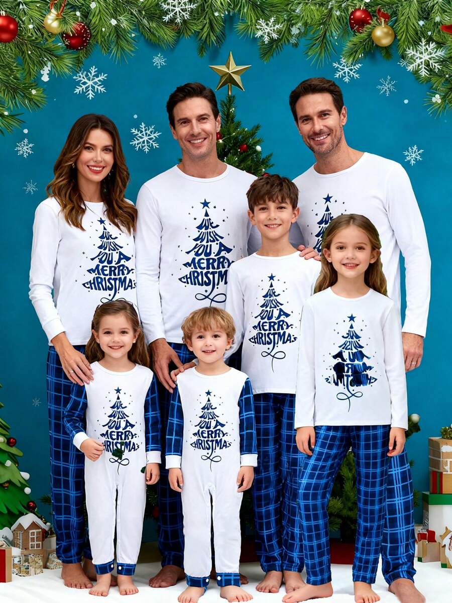 Family Matching Christmas Pajamas Set Letter Tree Print Holiday Pajamas Plaid Sleepwear Soft Loungewear