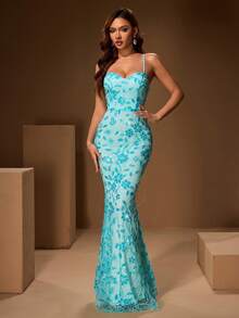 Vestido elegante y sexy para damas con lentejuelas, cuentas bordadas, vestido largo sin espalda adecuado para fiestas de moda, bodas y cenas - Azul - Ver 5