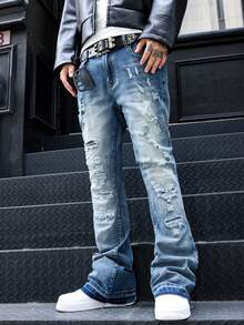 Jeans acampanados para hombres, jeans acampanados ajustados y desgastados, jeans apilados Y2K, jeans bordados con lavado de contraste, aptos para todas las estaciones - Azul - Ver 6