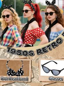 This 5-Piece Set, Suitable For Women In Their 20s, 40s, 50s, And 70s, Includes A 1950s Retro Solid Color Scarf, Cat-Eye Glasses, A Polka Dot Headband, And Gloves. It's Perfect For 1950s-Themed Solid Color Parties, Halloween Cosplay, Costume Parties, Everyday Wear, Themed Parties, And Valentine's Day Women's Party Accessories.