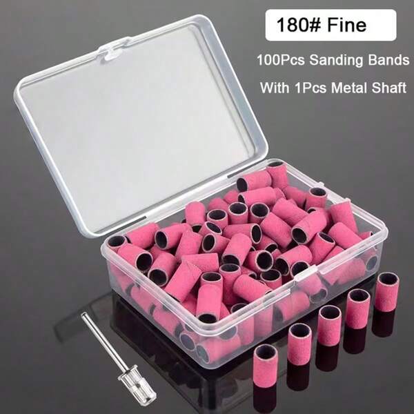 每盒包含100个磨甲环，并附赠1个金属衬套，适用于替换指甲磨甲机的磨头。可用于去除指甲胶水和指甲表面的死皮。是修整和打磨指甲及脚趾甲的理想选择。