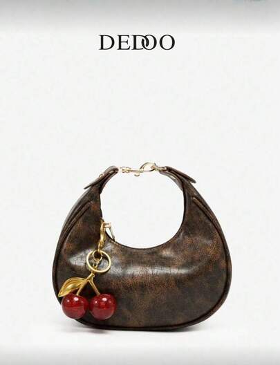 1pc New Fall Fashion Crescent-Shaped Armpit Bag, Cute Cherry Decor, Vintage Style Underarm Pouch, Suitable For Various Occasions