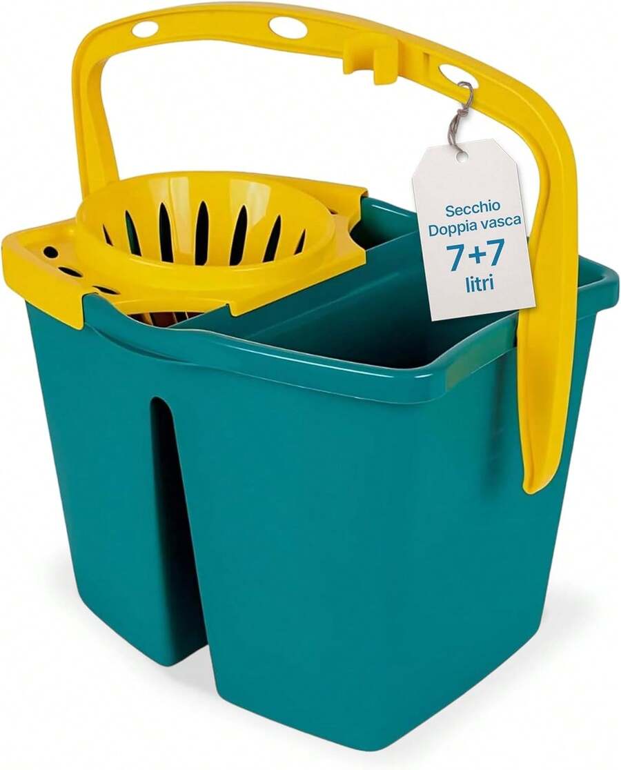 - Secchio per mocio in plastica doppia vasca - Mocio 7 litri con strizzatore - 2 vasche per acqua pulita sporca - Secchio per mocio professionale fatto in casa - Verde - Visualizzare 1